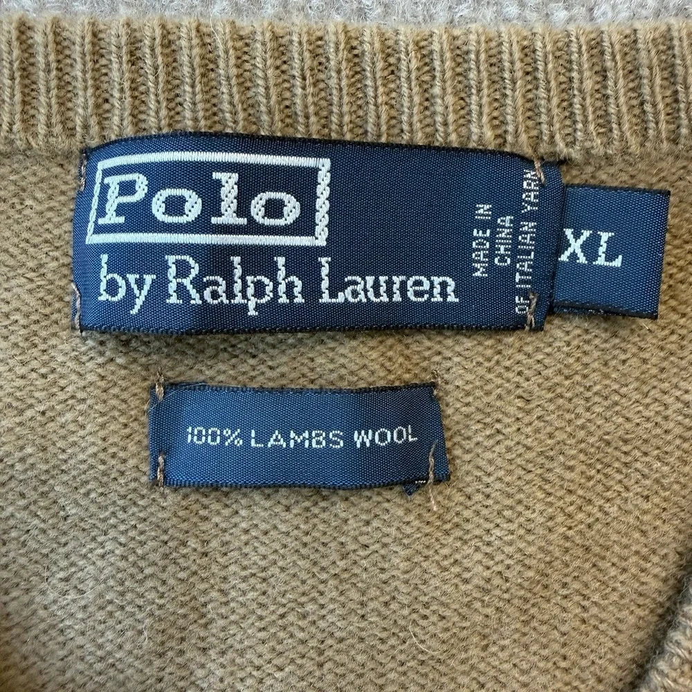 Polo Ralph Lauren Mens 100% Lambswool Camel Brown V-Neck Sweater Sz XL